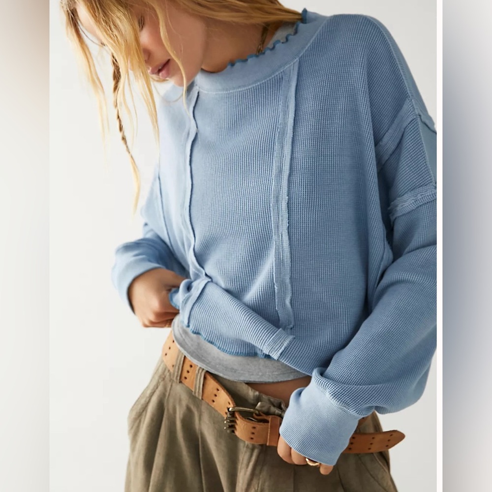 Free People Elle Thermal Oversized Long Sleeve Slate Blue Top Size Small